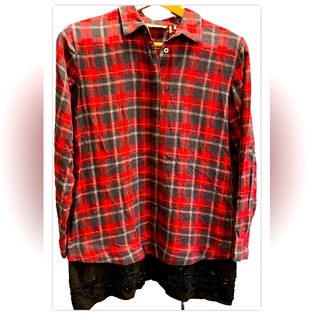 Soft surroundings Red/Gray Plaid Button up shirt Flannel BLING beaded HEM Cotton